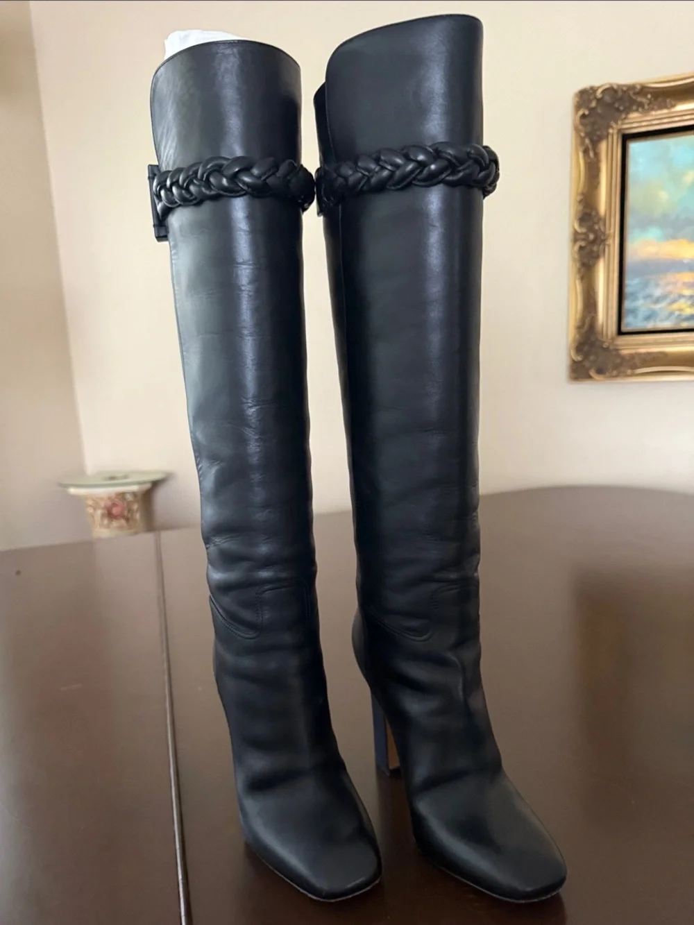 Valentino Black Leather Over-The-Knee Braided-Strap Boots